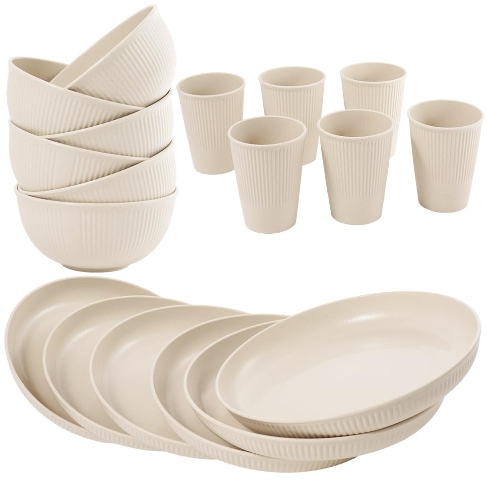 36-Piece Reusable Wheat Straw Dinnerware Sets for 6, Farielyn-X...