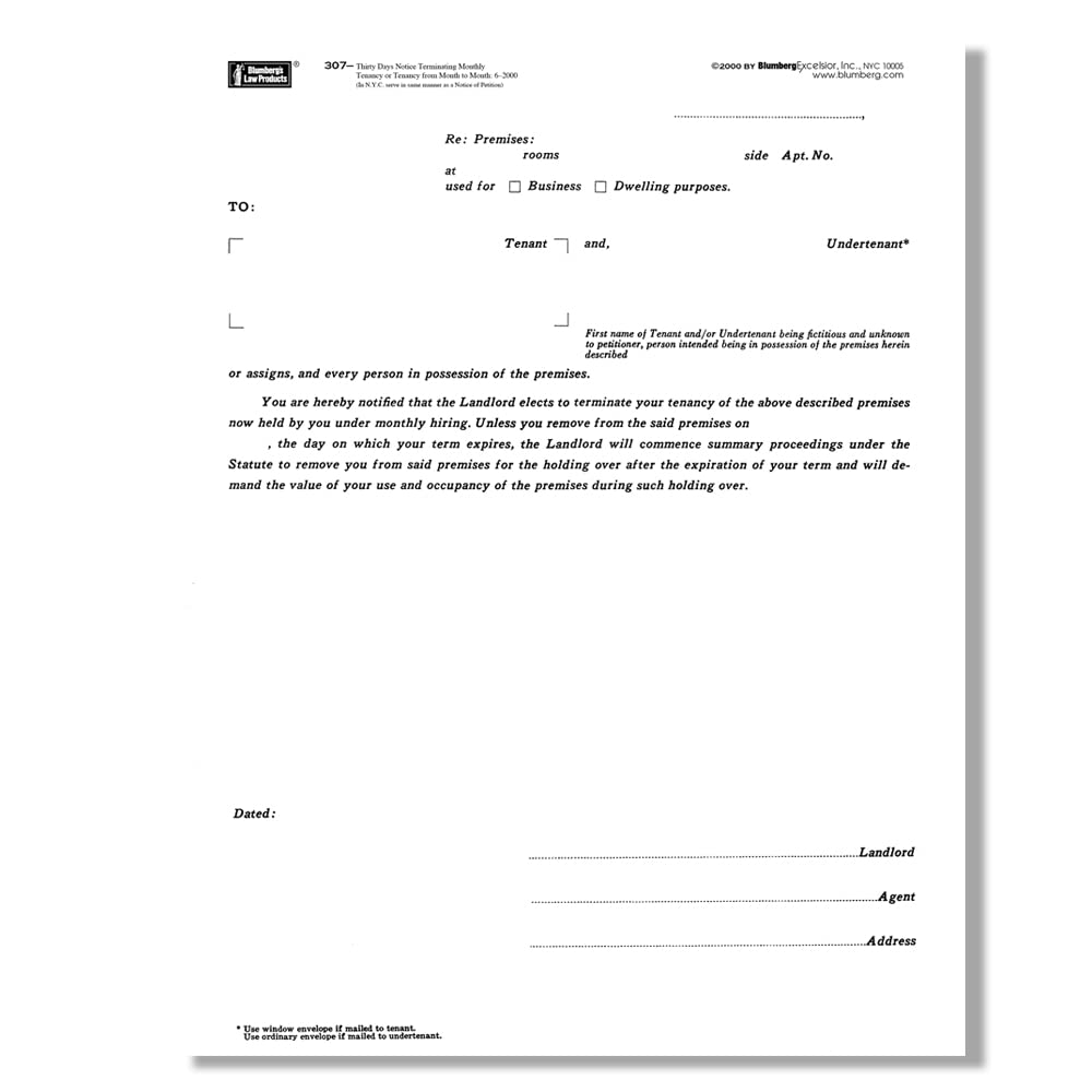 Blumberg New York Notice to Tenant Forms Form 307, 8.5 X 11, 48 per Package