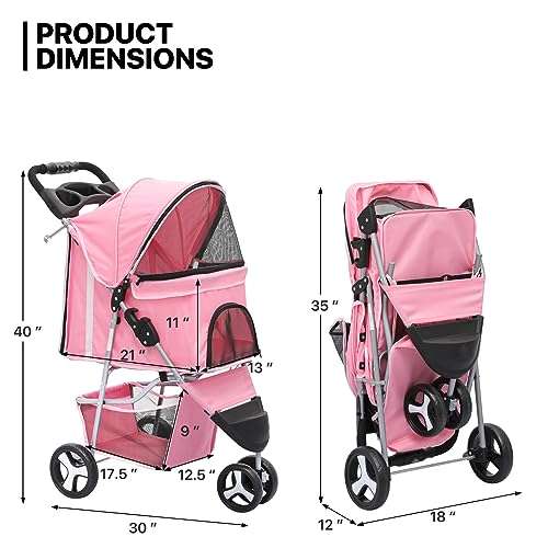 image for MoNiBloom 3-Wheels Foldable Pet Stroller w/Cover, Pet Strolling Cart f