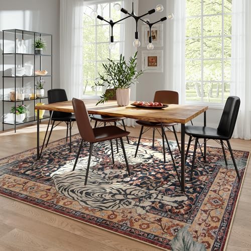 Moynesa Tiger Washable Area Rugs 8x10, Large Boho Rugs for Living Room, Vintage Non Slip Dining Room Rugs for Under Table, Ultra Thin Soft Floor Carpet for Office Bedroom, Puce Red