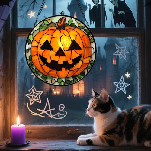 Image of Stained Glass Window Hanging, Halloween Decorations Evil Pumpkin Suncatcher for Doors Garden Indoor Spooky Funny Orange Sun Catchers Gothic Decor Horror Gifts for Women Men Friend 11.8 in