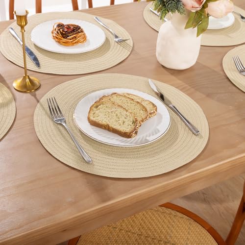 Image of SHACOS 15 inch Round Placemats Set of 8 for Dining Table Cotton Polyester Braided Place Mats Washable Kitchen Table Mats for Dinner Party Table (Light Beige, 8)