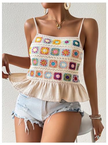 SHENHE Women's Floral Crochet Ruffled Sleeveless Cami Tank Top Boho Summer Peplum Top4