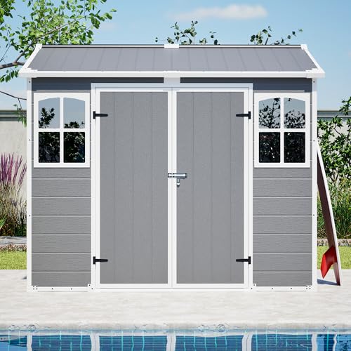 Image of YOPTO 8x6 FT Plastic Shed,Outdoor Storage Shed W / 2 Windows & Floor,Resin Garden Tool House W /Lockable Door,Integrated Drainage Holes & Air Vents,for Backyard,Patio,Lawn,Gray-White