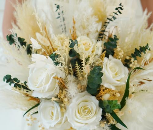 Ramo rústico boho beige y blanco para boda miniatura 5
