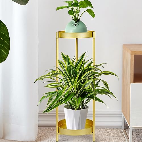Extra High 31.5\" Plant Stand Indoor Tall,Extra Wide 10\" 2 Tiers Plant Stand Outdoor, Heavy Duty Metal Tall Plant Stands Indoor,Outdoor Plant Stands Rustproof Rack for Home Garden Office -Gold
