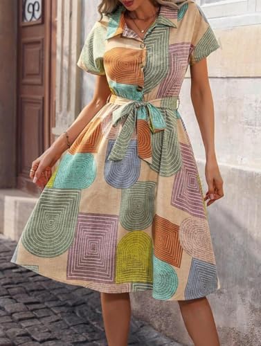 Image of Gufrina Women's Short Sleeve Collar Neck Dress - Geometric Print Button-Down Midi Dress with Tie-Up Belt