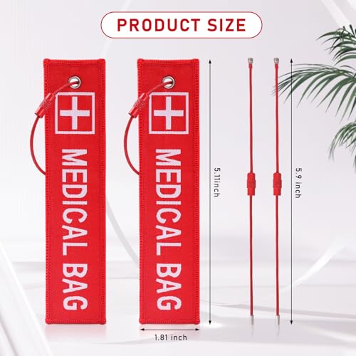 2 Pack Medical Alert Bag Tag Red Embroidered Emergency ID Label for Luggage (5.1x1.81 Inch) for CPAP/Diabetic Supplies Travel Accessories with 2 Red Wire Key Rings2