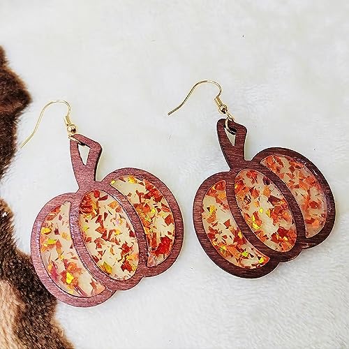 Thanksgiving Fall Pumpkin Leopard Print Acrylic Wooden Dangle Drop Earrings Handmade Lightweight Fall Glitter Pumpkin Earrings Autumn Jewelry for Women4