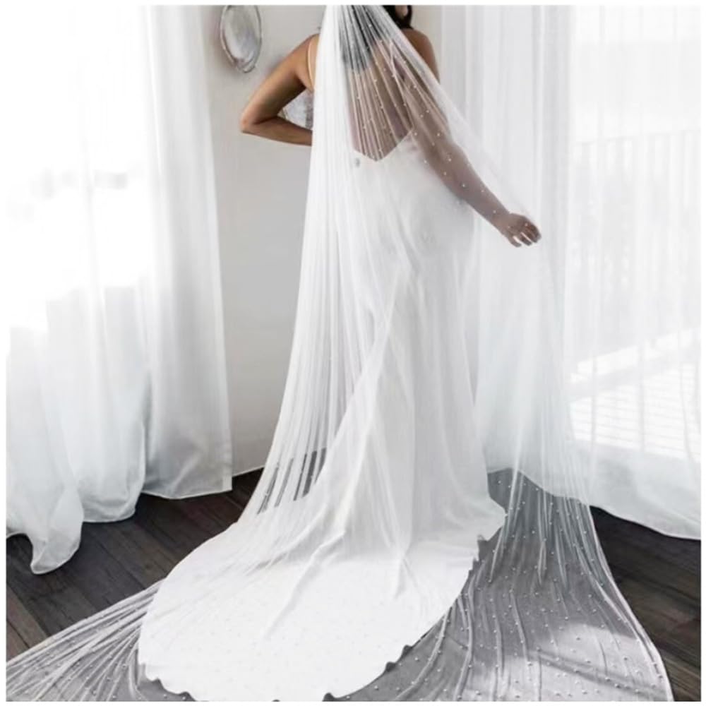 Voile de mariée avec perles blanc/ivoire - Voile de mariage - 1 couche de tulle souple - Avec peigne en métal - Élégent - Église - Long voile de perles - Accessoire de cheveux pour femme -