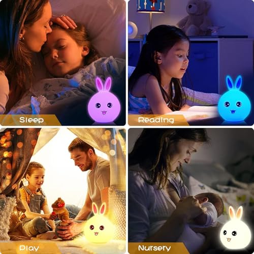 Image of Cute Silicon Bunny Face Night Light, Rechargeable Touch Light, 7 Color Changing Mode with USB Cable, Perfect for Children, Toddlers, Kids Suitable for Baby Room Pack of 1