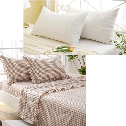 K MASANIJI Taupe Plaid Sheets 4-Piece Set with 2 pcs White Waffle Standard Pillow Covers Cover
