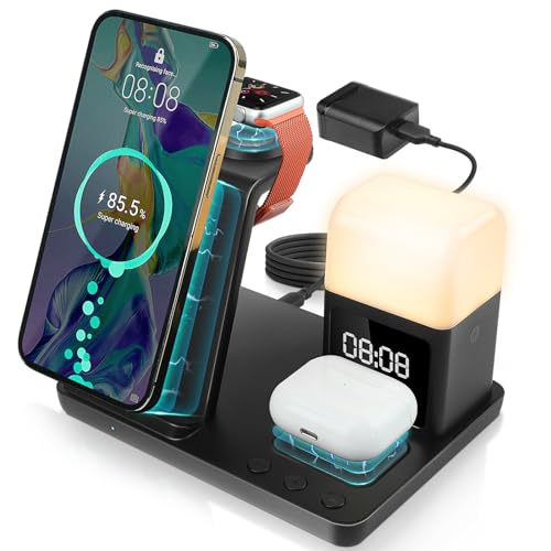 AURTEC Estación de carga inalámbrica 6 en 1 con reloj despertador, luz nocturna, compatible con iPhone 15/14/13/12/11/Pro/Pro Max/Mini/XS/XR/X/8 / Plus, Apple Watch 9/8/7/6/5/SE, AirPods Pro/3/2/1,15