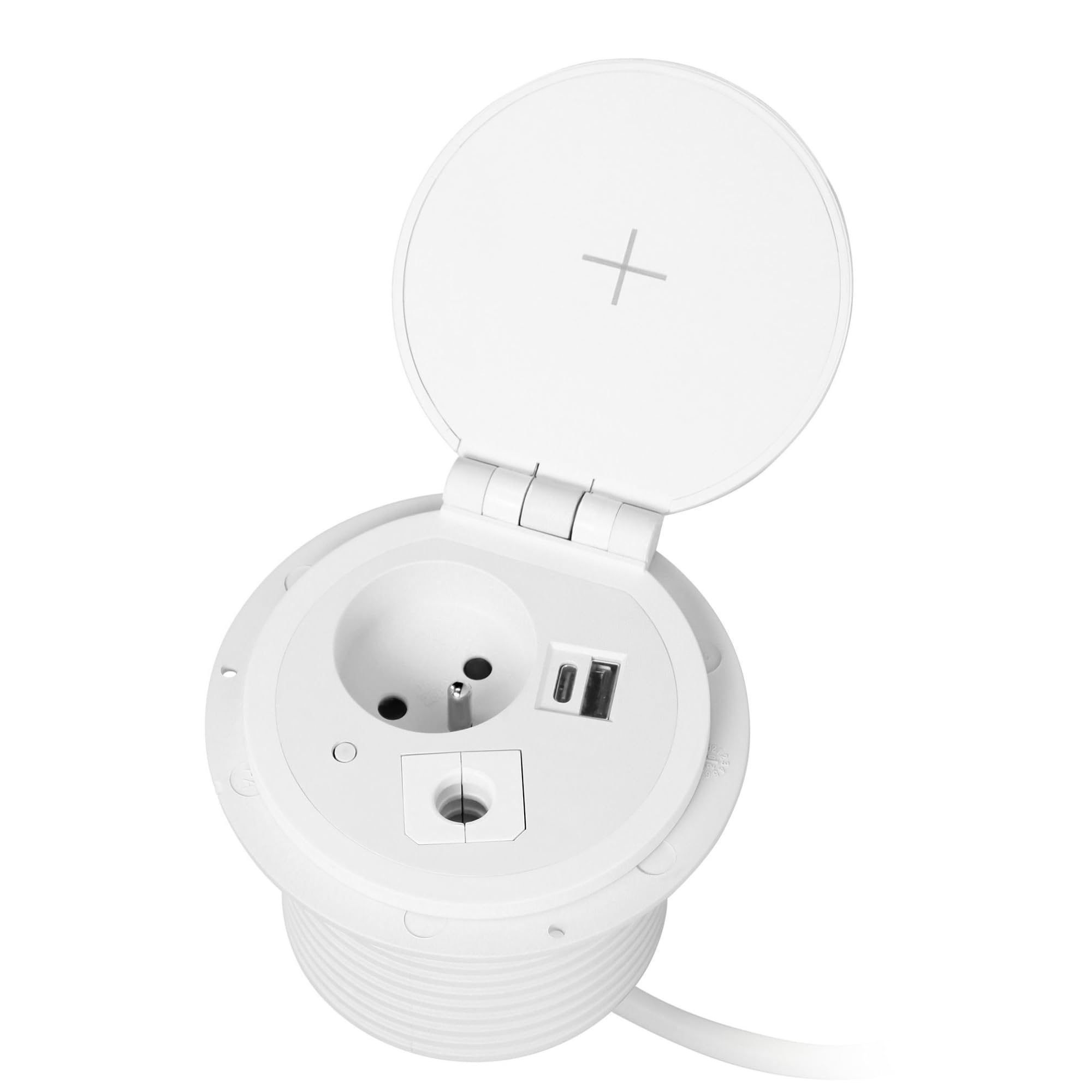 Möbelsteckdose Ø8cm mit induktivem Ladegerät, USB-Ladegerät (französische Produktversion)
