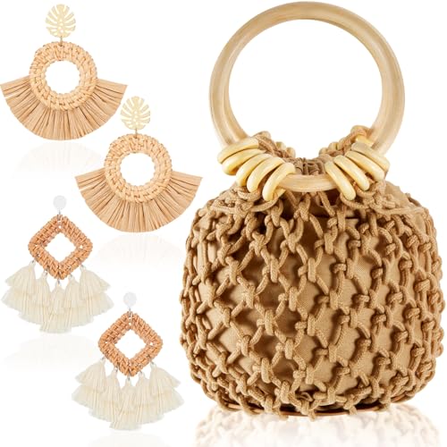Image of Sweetude Mini Clutch Tote Handbag 2 Pairs Rattan Earrings for Women Crossbody Bag Bohemian Woven Clutch Bucket Handbag