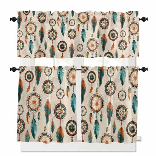 Geometric Feathers Kitchen Curtains 36 Inch Length, 3 Piece Rod Pocket Small Half Tiers and Valance Set, Boho Ethnic Retro Country Motifs Small Large Window Treatment Decor for Bedroom/Bathroom Sink