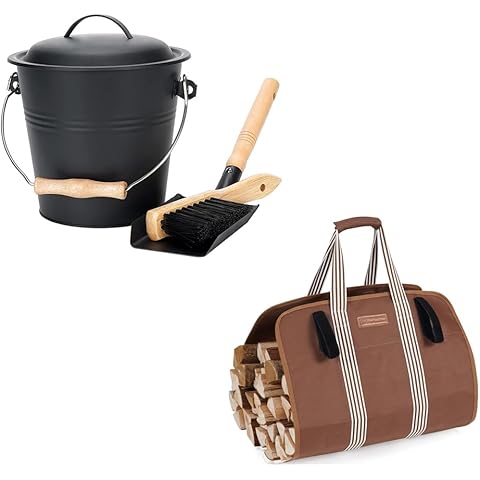1.5-Gallon Metal Ash Bucket with Lid, Shovel, Broom - for Fireplaces, Wood Stoves & Sturday Firewood Carrier Brown Cover