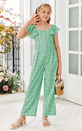 Kimmta Girl’s Summer Floral Printed Rompers Ruffle Short Sleeve Wide Leg Jumpsuits With Button #TOP1