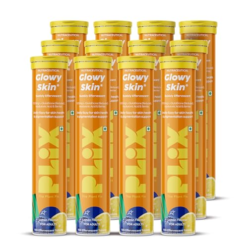 Image of PLIX - THE PLANT FIX Glutathione Skin Tablets With 500mg Glutathione & Vitamin C | Vitamin E & Hyaluronic Acid | For Clear & Youthful Skin (Pack Of 12, Lemon) | 180 Fizzy Effervescent