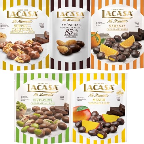 Lacasa Mi Momento pack de 5:Almendra 85% 65G,Nueces Leche 115G,Naranja choco Negro 125G,Pistacho Leche 100G,Mango choco Negro 115G
