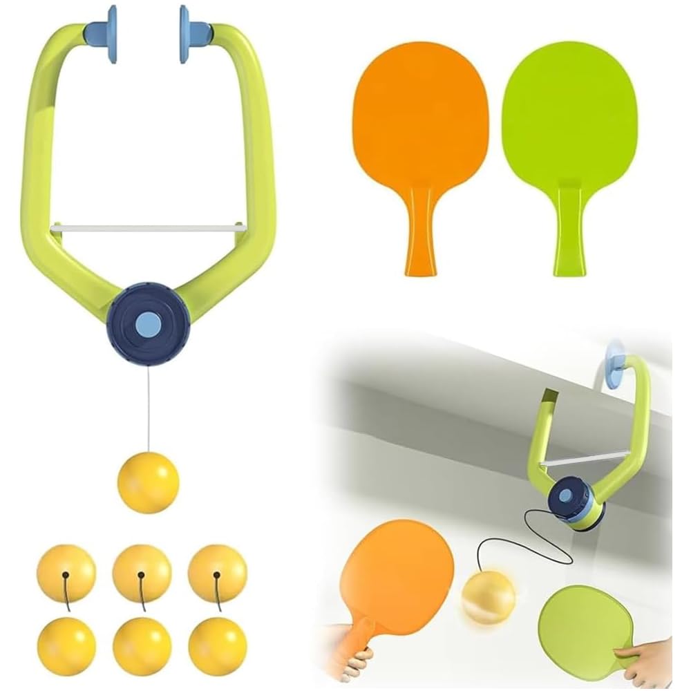 Goodern Self Training Table Tennis Set - Children's Hanging Training Device, Parent-Child Fun Indoor Coordination Exerciser, Portable Ping Pong Trainer for Kids - 2 Rackets, 6 Balls