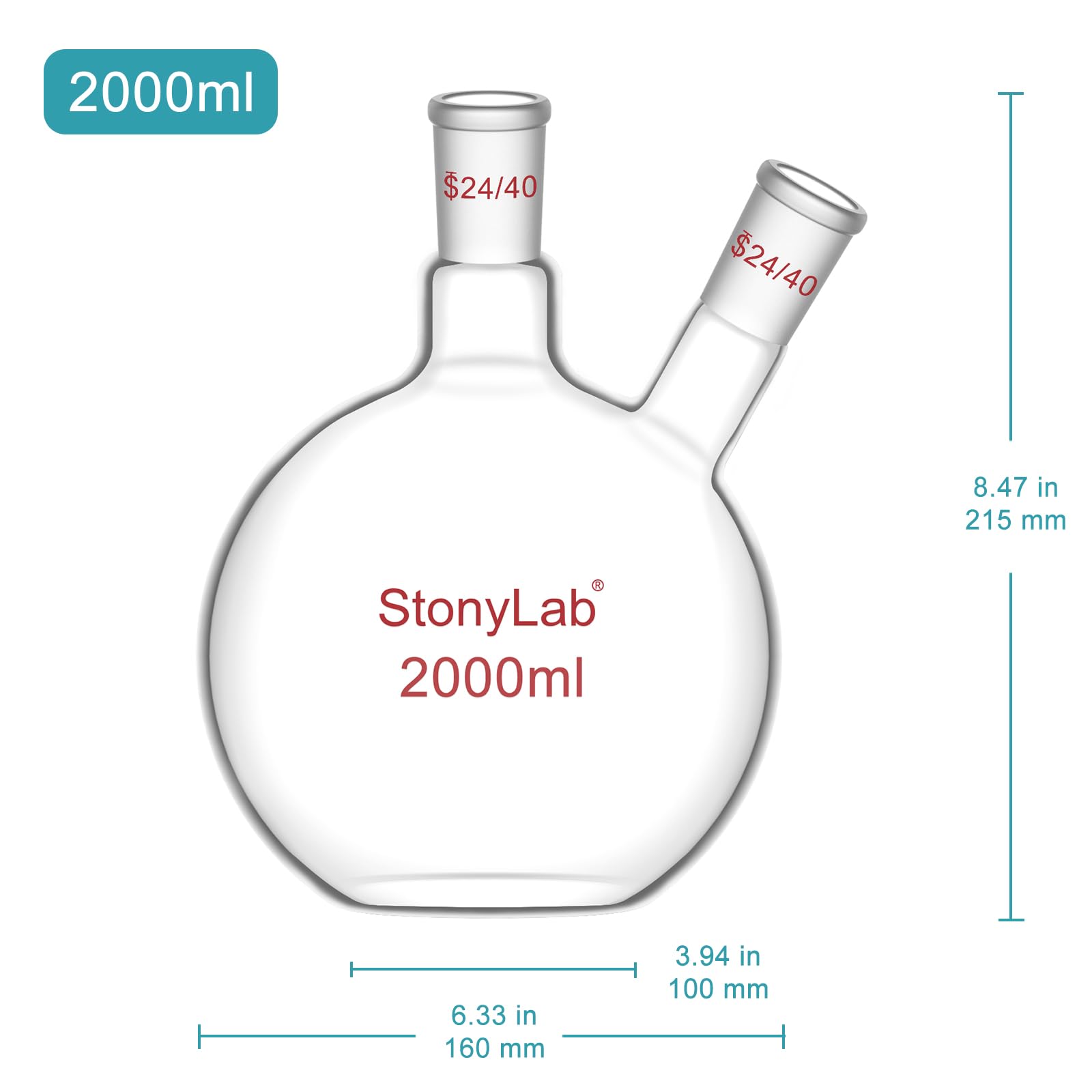 stonylab Pallone a Fondo Piatto FBF, Muro Pesante 2-Collo Fiaschetta da Laboratorio Vetro Borosilicato Fondo Piatto Pallone Bollente con 24/40 Giunto Standard, 2000 ml (2 L)