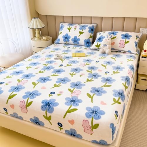 FCLDESHOP Lenzuola 1 Piazza e Mezza,Copriletto in Flanella Calda Ispessita, Camera da Letto per Ragazzo e Ragazza, Lenzuolo con Angoli con Stampa di Cartoni Animati,Fiore 1,150 * 200 cm (3 Pezzi)