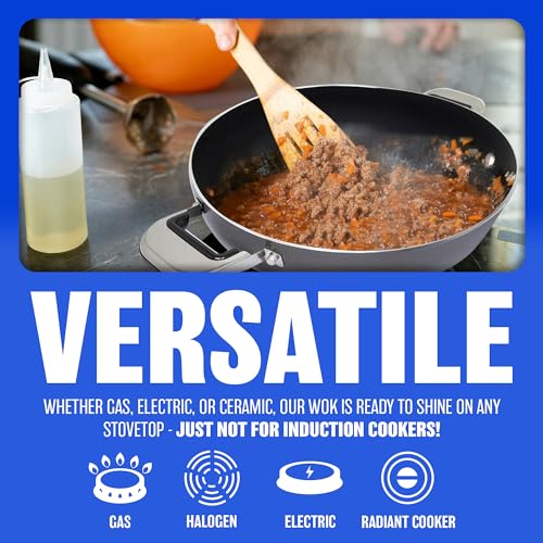 BARGAINS-GALORE 32Cm Non Stick Aluminium Wok Set - Saucepan Frying Deep Stir Pan Chinese Cooking Asian | Wok, Karahi, Kadhai with Glass Lid | Stir Fry Cookware Pan, Ventilated Glass Lid - Image 5