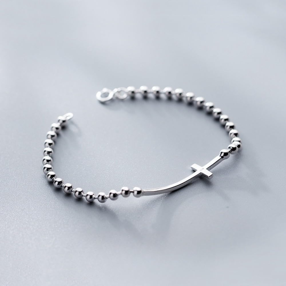 QHQQXN MOCHAMIK Argento Sterling, Delicati Braccialetti in Argento da Donna S925 Argento Lucido Perline Braccialetti con Ciondolo a Croce Braccialetti con Chiusura a Moschettone Gioielli in Argento