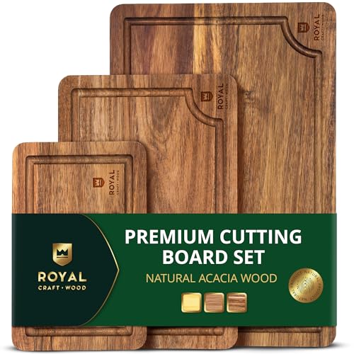 ROYAL CRAFT WOOD Acacia Wood Cutting Boards Set of 3 – Premium Wooden Cutting Boards for Kitchen Meal Prep & Serving - Charcuterie & Chopping Butcher Block for Meat with Deep Juice Groove Side Handles