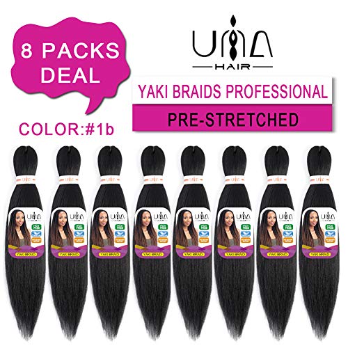 UNA Pre-stretched Braiding Hair YaKi Braid Professional Crochet Braids Braiding Hair Extension (22inch,8pieces, 1b)