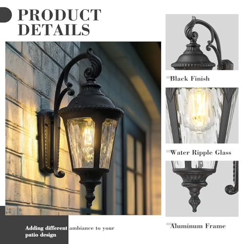 Image of Emliviar Porch Sconce Lighting for Patio, 19.7 Inch Black Classic Outdoor Wall Sconce with Water Ripple Glass Shade, XE265B-S BK-SW