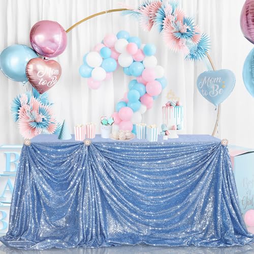 Image of B-COOL Sequin Tablecloths Rectangular Table Overlays Baby Blue Spring Decorations Sparkly Cloth for Reception Baby Shower Tablecloth 90x156inch