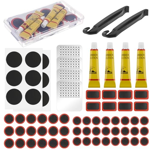 Tallew 72 Pcs Bike Tire Repair Kit with 50 Pcs Vulcanizing Patches, 12 Pcs Pre Glued Patches, 4 Pcs Vulcanizing Fluid, 4 Pcs Metal Rasp and 2 Pcs Plastic Levers for Cycling Motorcycle Bicycle