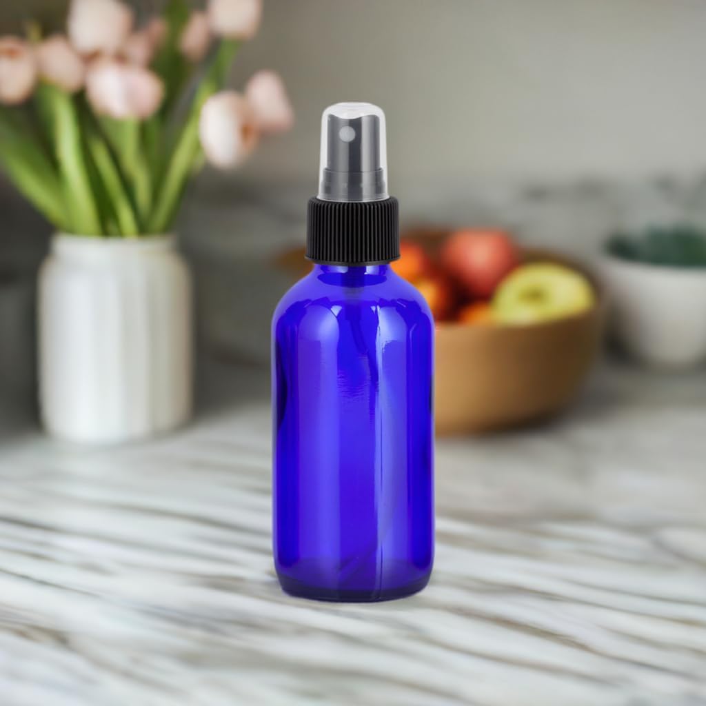 JUVITUS (12 pack) 4 oz Cobalt Blue Glass Boston Round Bottle with Black Fine Mist Spray + Funnel