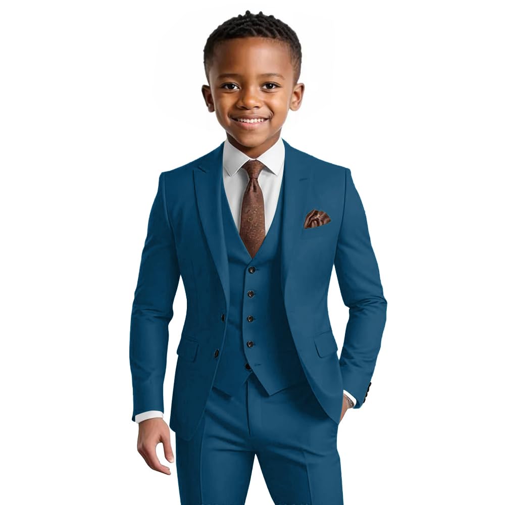 Boys Teal Suit 3 Piece Slim Fit Tuxedo Kids Formal Outfit Blazer Vest Pant Suit Set for Wedding Party Prom Size 14