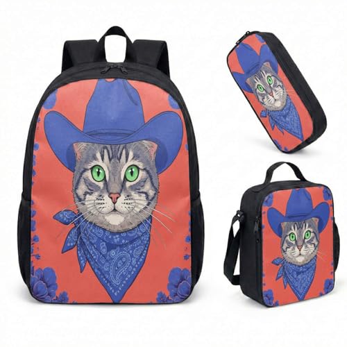 Conjunto de mochila com chapéu de caubói rosa Sakura 43 cm vibrante gato malhado gato malhado bolsa gráfica para mulheres viagem laptop mochila dia dia, 03, Large