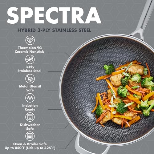 Image of GreenPan Spectra 12 inch Wok Pan with Lid, Hybrid Tri-Ply Stainless Steel, PFAS-Free Ceramic Nonstick Textured Cooking Surface, Induction Cookware, Diswasher Safe, Oven & Broiler Temp to 850˚F