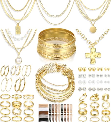 Image of FAXHION 68 Pcs Gold Jewelry Set for Women with 7 Necklace, 17 Bracelet, 5 Hoop Earrings, 15 Stud Earrings, 24 Knuckle Rings for Women Jewelry Set for Women Gift