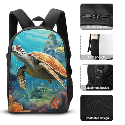 3 Piece Backpack for Women Men Lightweight Causal Daypack Shoulder Bag Set with Insulated Lunch Bag And Pencil Case Organizers Dolphins Sea Turtle Coral Reef3