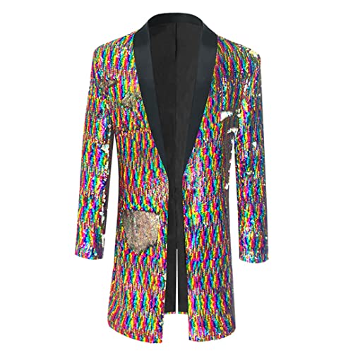 Mens Shiny Rainbow Laser Sequin Extra Long Suit Jacket Shawl Collar Glitter Cardigan Jackets2