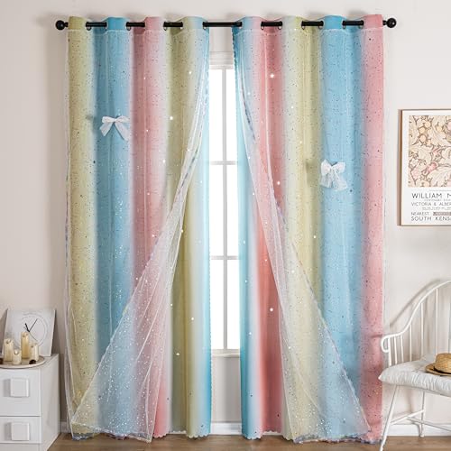 Image of Mix & Match Double Layer Laser-Cut Stars Gradient Blackout Curtains with Foil Print Sheer, 2 Panels Set for Bedroom, Nursery, Living Room - Yellow Blue Pink, 52W x 95L