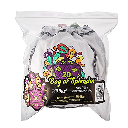 Wiz Dice Bag Of Splendor - 140 Polyhedral Dice In 20 Sets - Complete Collection Of Series Iv Dice In Embroidered Dice Bag - Ttrpg Role-Playing Bulk Tabletop Rpg Gaming Accessories - D20 D6 D4 #TOP6