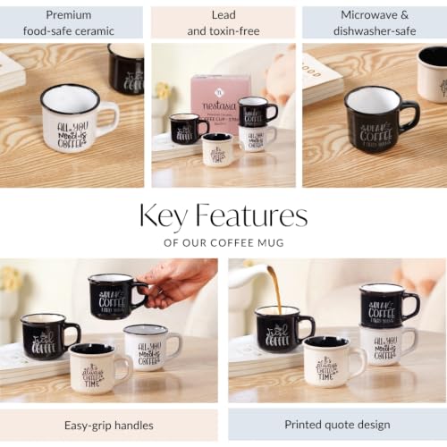 Image of Nestasia Ceramic Stackable Cups Set of 4 (170ml Each) - Quirky Quotes Tea & Coffee Cups with Glossy Finish | Microwave & Dishwasher Safe Mugs - Ideal for Gifting (Black & White)