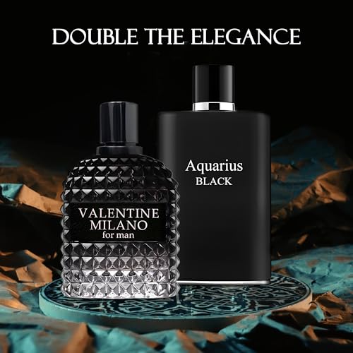 Image of AFLUXE 2PCS Valentine Milano /Aquari Black Eau De Toilette for Men-Fresh,Romantic Scent Perfume for Men 3.4 Fl Oz Each Mens Cologne For All Skin Daily Used