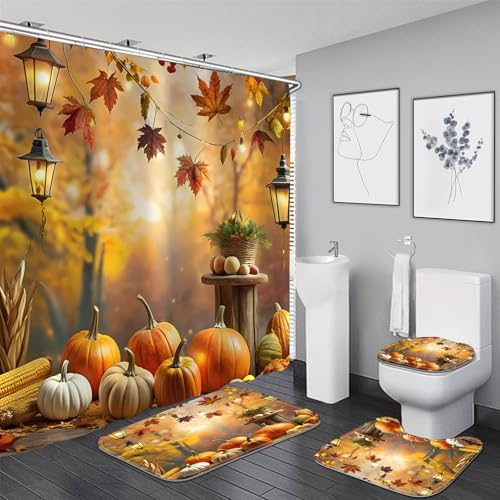 Nkzply 4 Pcs Fall Shower Curtain Autumn Pumpkin Shower Curtain Set Farmhouse Bathroom Sets with Shower Curtain and Rugs Harvest Thanksgiving Maple Leaves Bathroom Decor Toilet Lid Cover Hooks