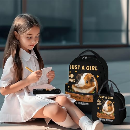 Custom Guinea Pig Backpack with Lunch Box - Set of 3 School Backpacks Matching Combo for Girls - Funny Black Bookbag and Pencil Case Bundle2