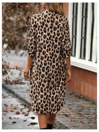 MakeMeChic Women's Leopard Print Dress Button Front 3/4 Roll Sleeve Collared Midi Dresses2