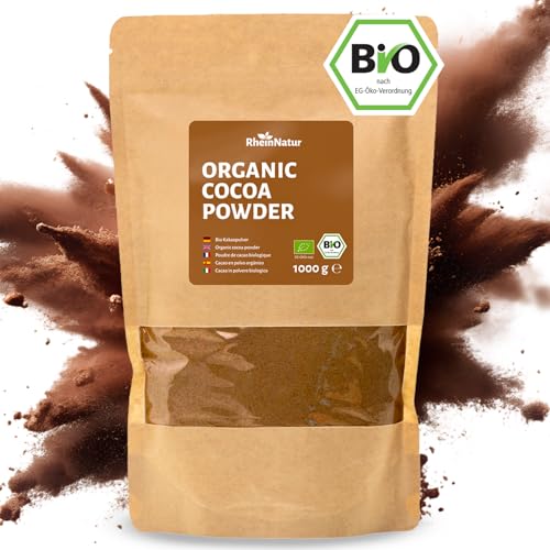 RheinNatur Cacao en polvo orgánico 1 kg – 100% puro cacao en calidad orgánica, sin azúcar y sin aditivos – Ideal para hornear, chocolate caliente y batidos – Bolsa de 1000 g