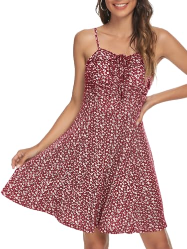Image of Missufe Spaghetti Strap Floral Mini Dress Women's Casual Ruched Front Drawstring Swing Sundress
